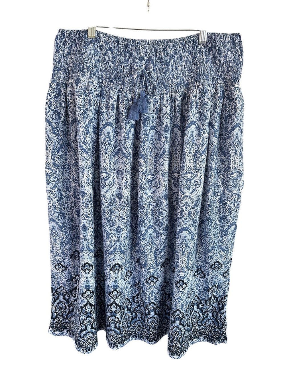 ▶️ J Jill Blue Paisley Boho Midi Skirt Smocked Waist Tassel Tie Size M